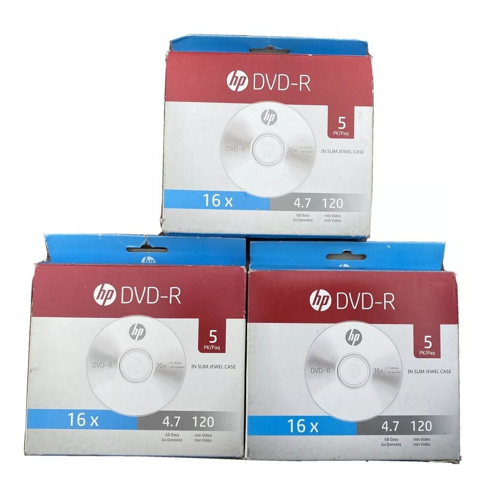 HP DVD-R 5 Pack Jewel Case 4.7GB 120 Min Recordable Blank Movie Video DVD Lot X3